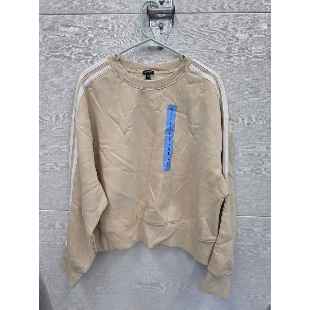 Express Womens Tan Beige Side Stripe Crewneck Sweatshirt Large Sporty Fleece